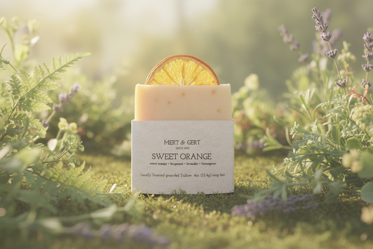 Sweet Orange soap with soft nostalgic greenery background
